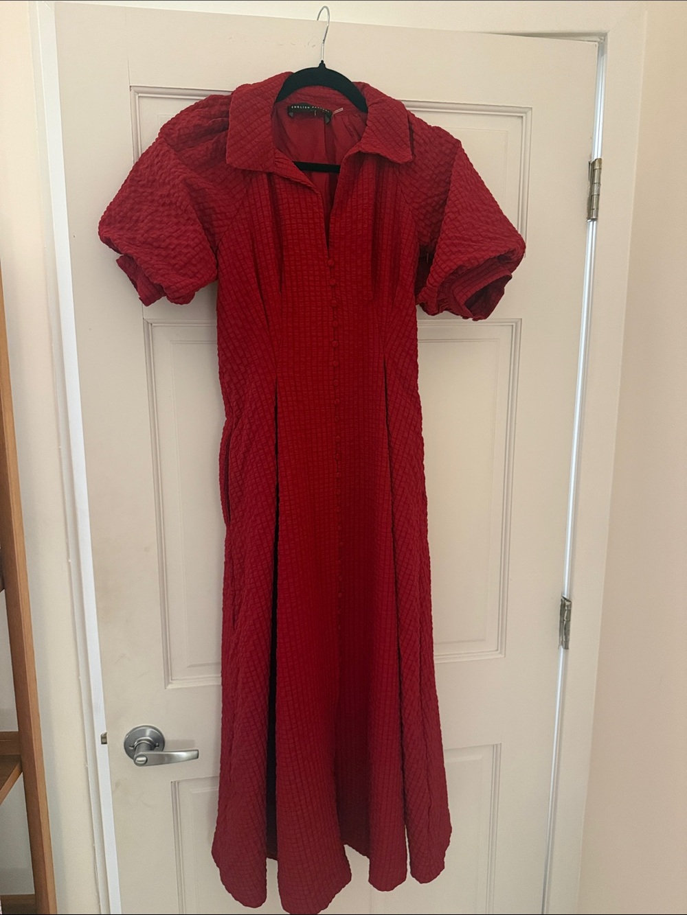 English Factory Red Textured Midi Dress with Puff Sleeves